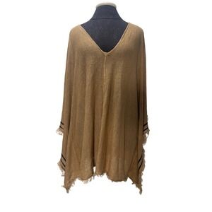 Zara Linen Blend‎ Fringe Poncho Cape Cover Up Neutral Tones M-L